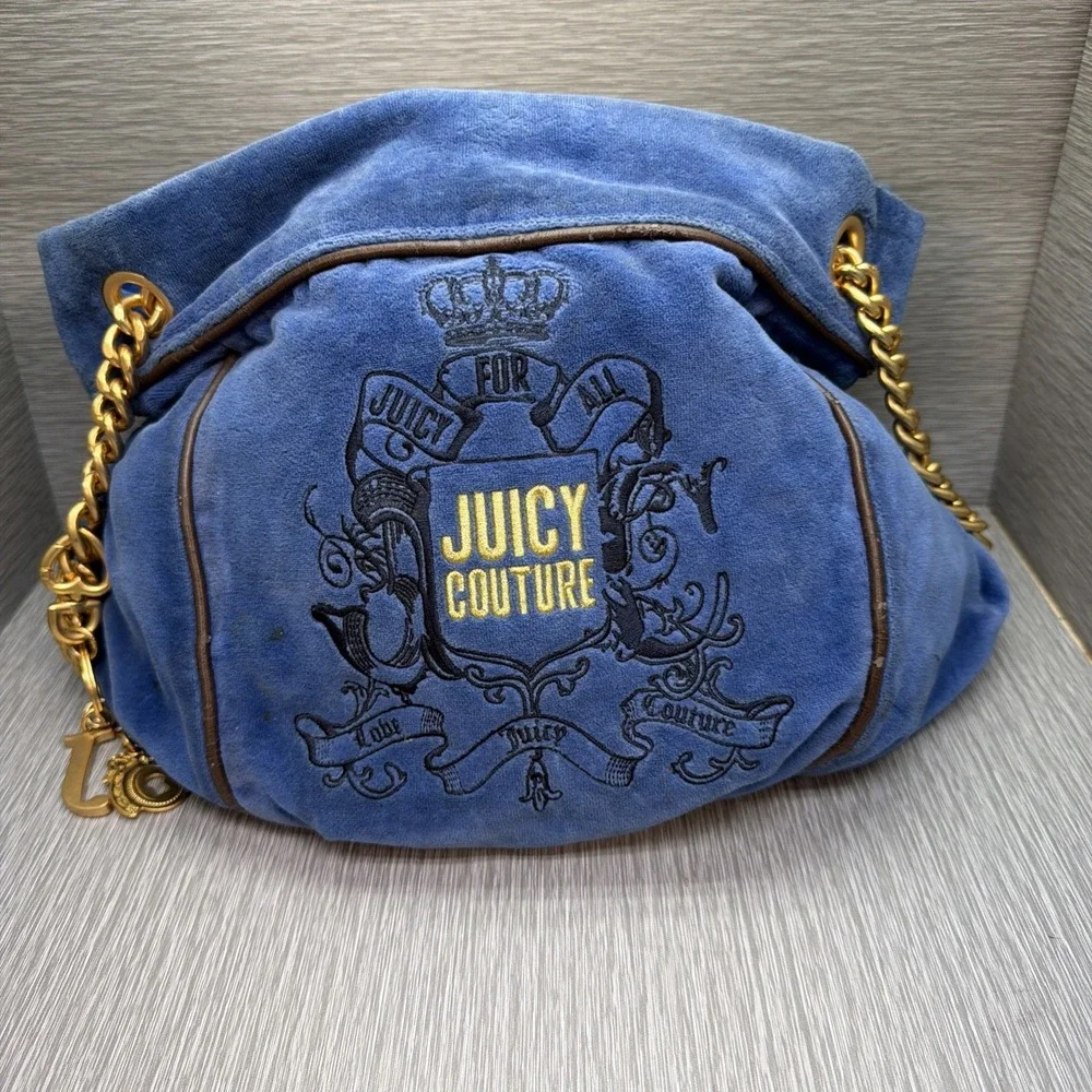 Juicy Couture Juicy For‎ All Vintage Y2K Velour Hobo Bag Blue Chain Strap